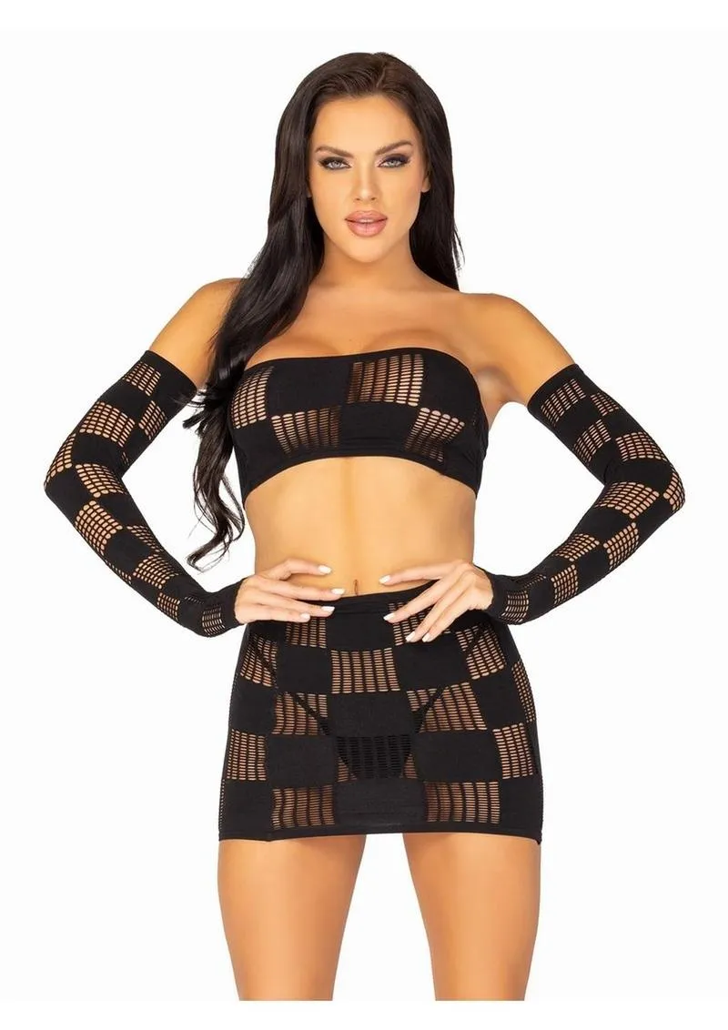 Leg Avenue Checkerboard Net and Opaque Bandeau Mini Skirt and Arm Warmers