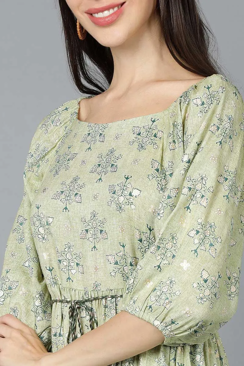 Light Green Cotton Ethnic Motifs Mini Dress