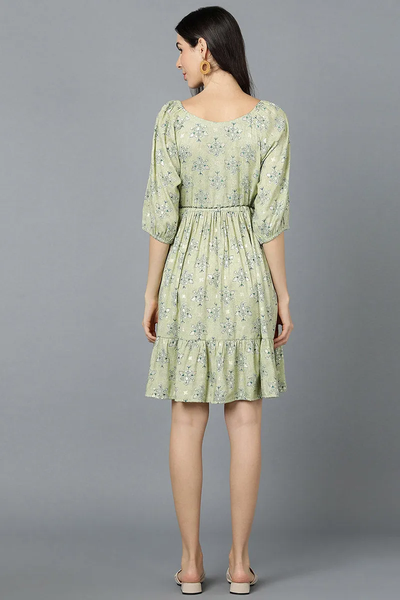 Light Green Cotton Ethnic Motifs Mini Dress