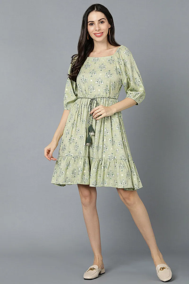 Light Green Cotton Ethnic Motifs Mini Dress