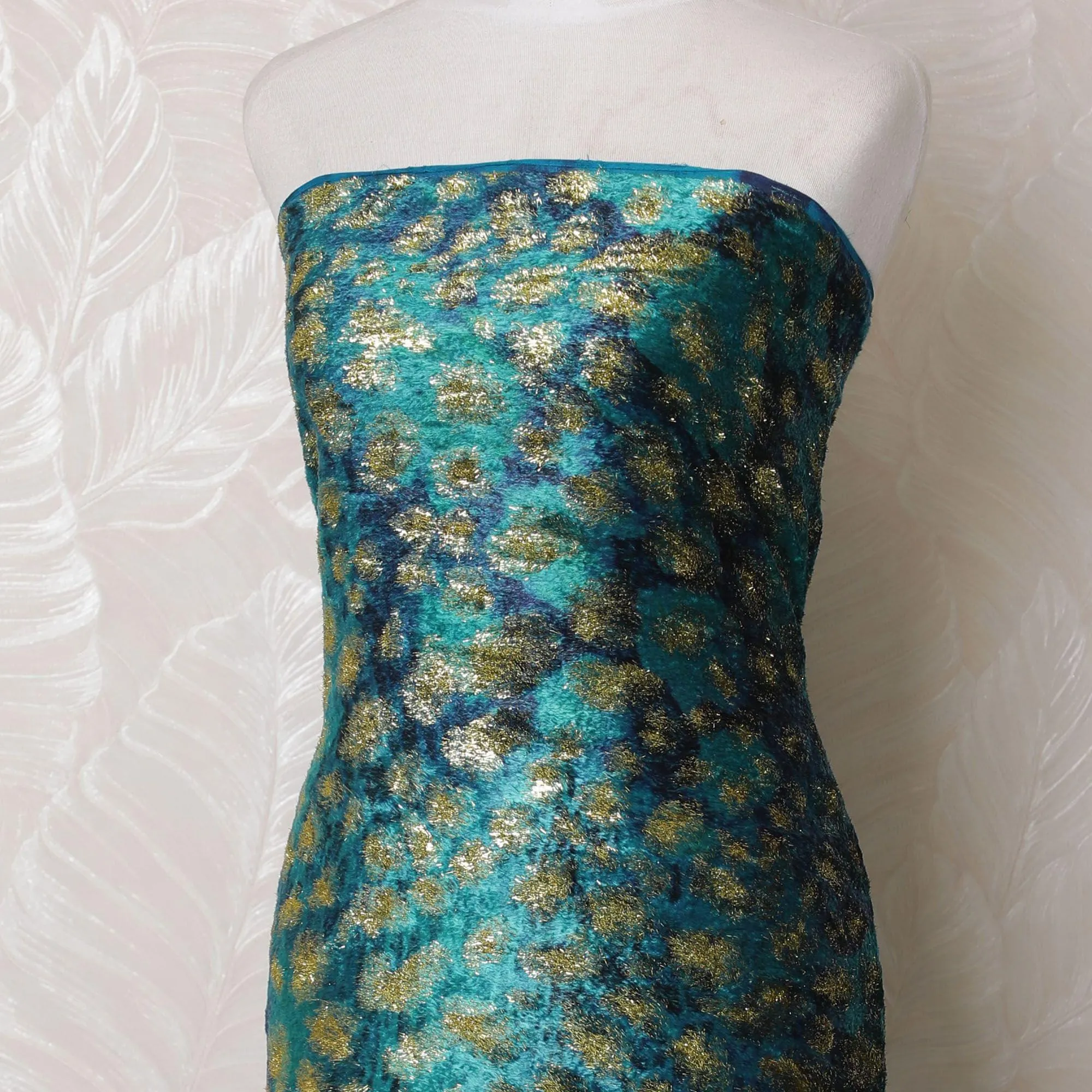 Light teal blue silk blended velvet fabric with gold metallic lurex in fancy design-D16044