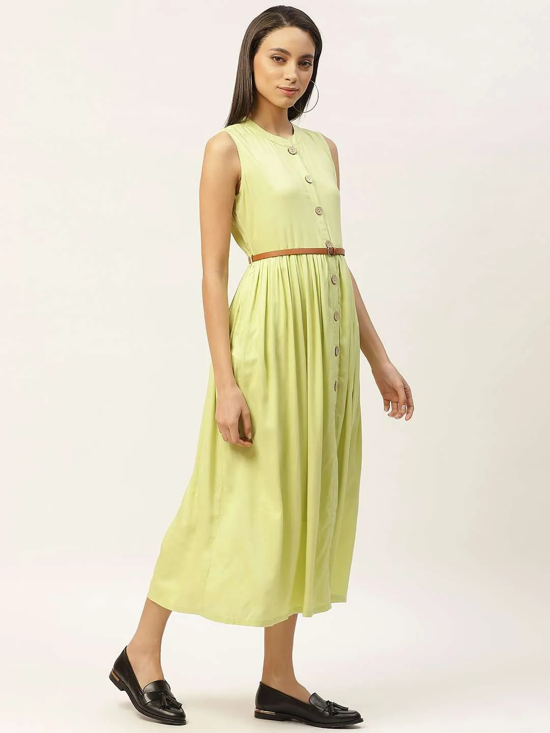 Lime Green Sleeveless Gathered Dress