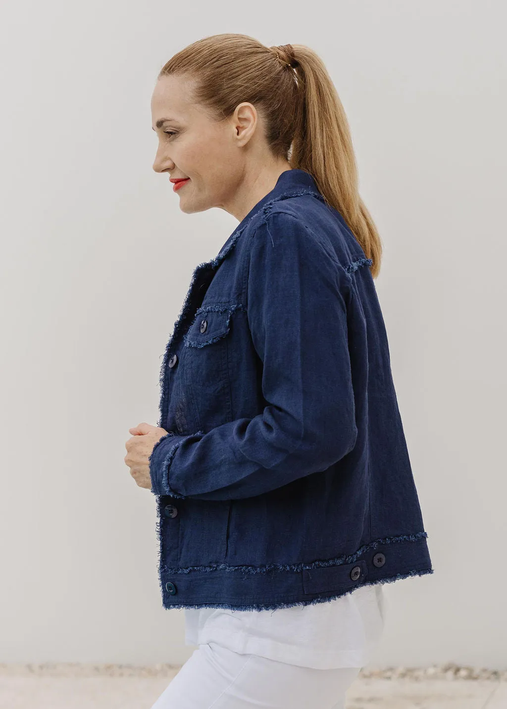 Linen Frayed Jean Jacket Navy