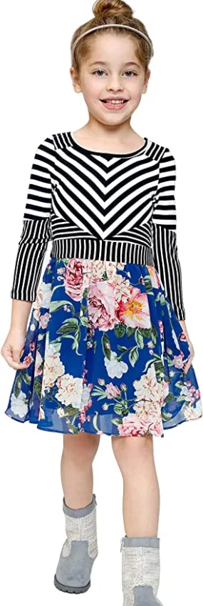 Little Girl’s Striped Floral Print Dress