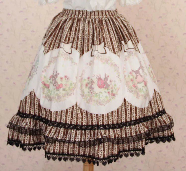 Lolita Sweet Princess Striped Easter Bunny and Eggs Printed Skirt with Layered Ruffles