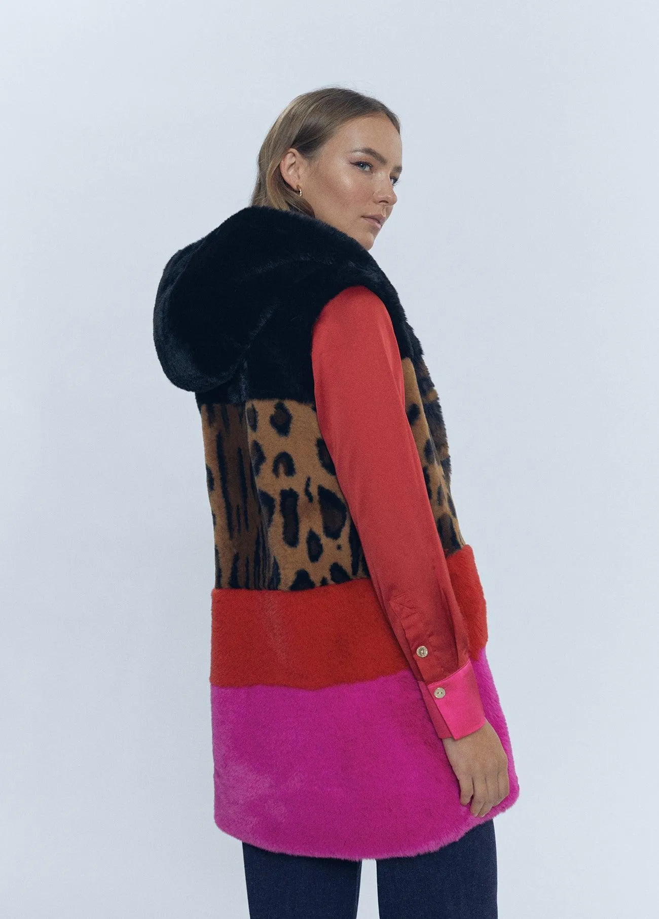 Long animal print fur waistcoat