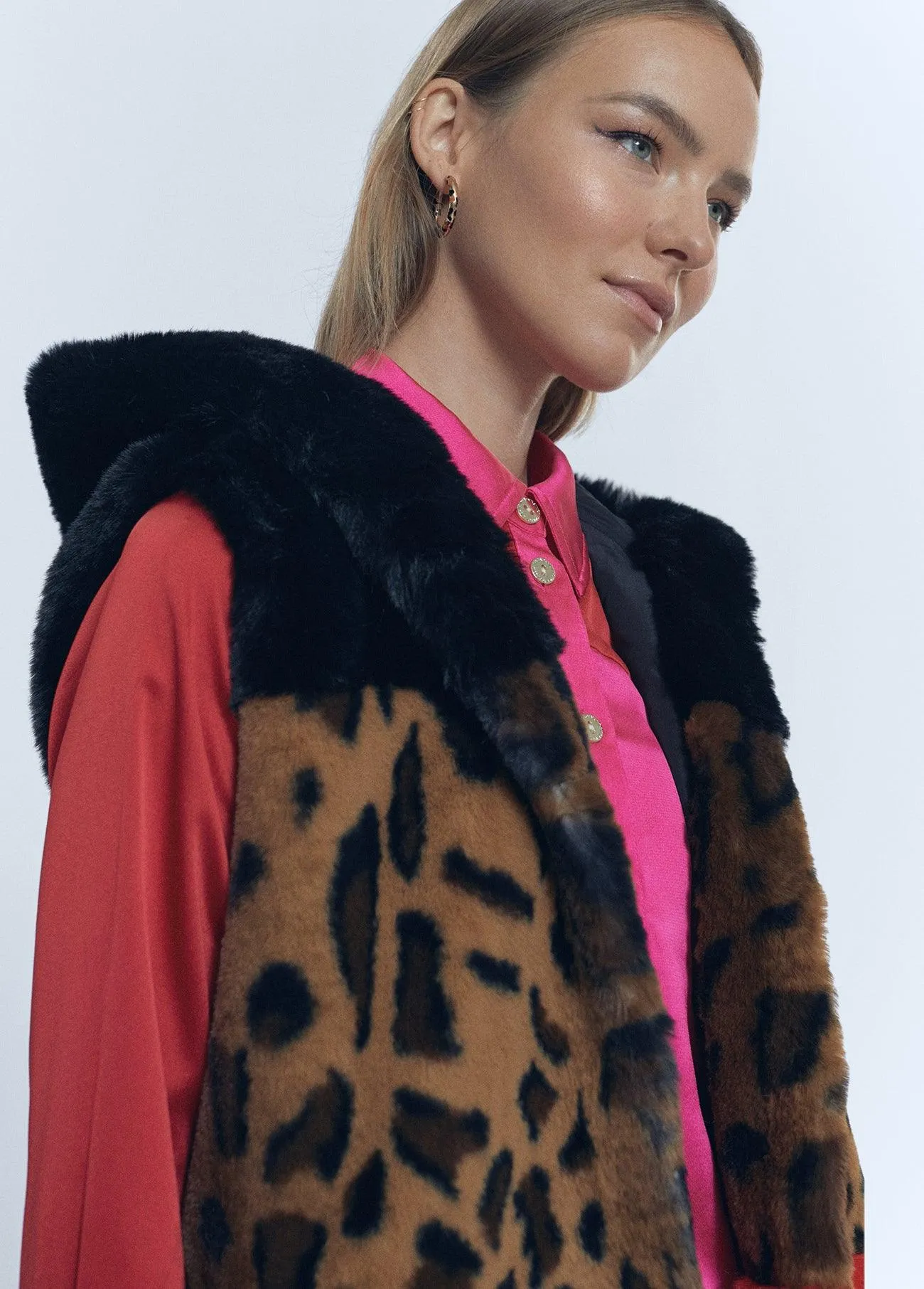 Long animal print fur waistcoat