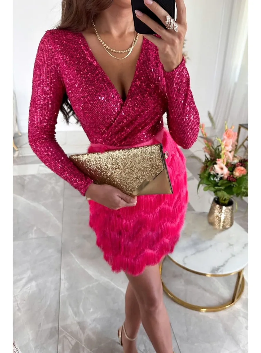 Long Sleeve Sequin Short Dress