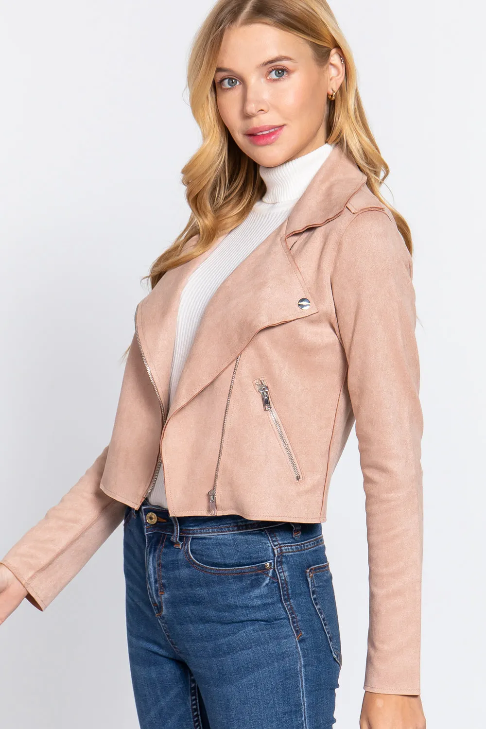 Long Slv Biker Faux Suede Short Jacket - 2 colors