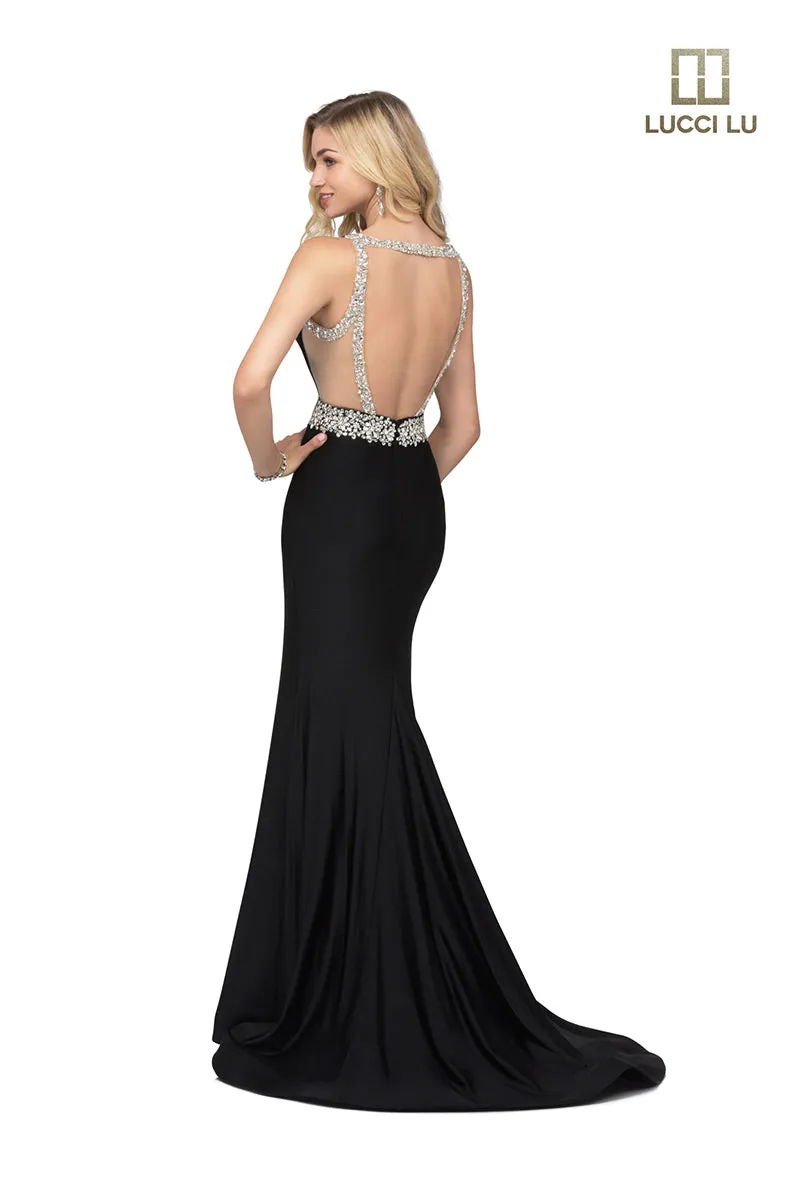 Lucci Lu 28077 Black Shimmer Knit Sheath Dress with Illusion Back