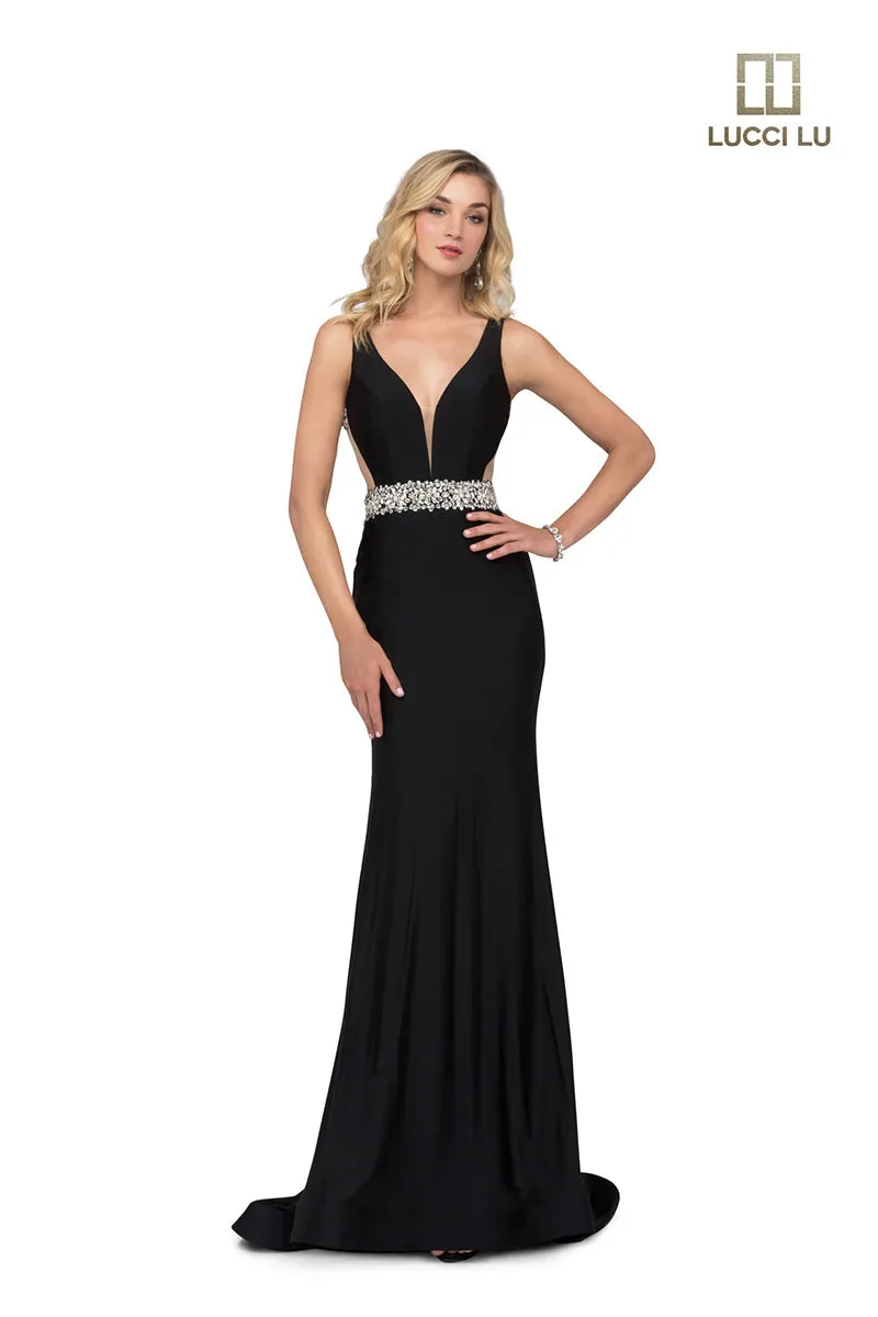 Lucci Lu 28077 Black Shimmer Knit Sheath Dress with Illusion Back