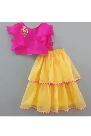 Magenta gotta booti embroidered top with yellow layered skirt