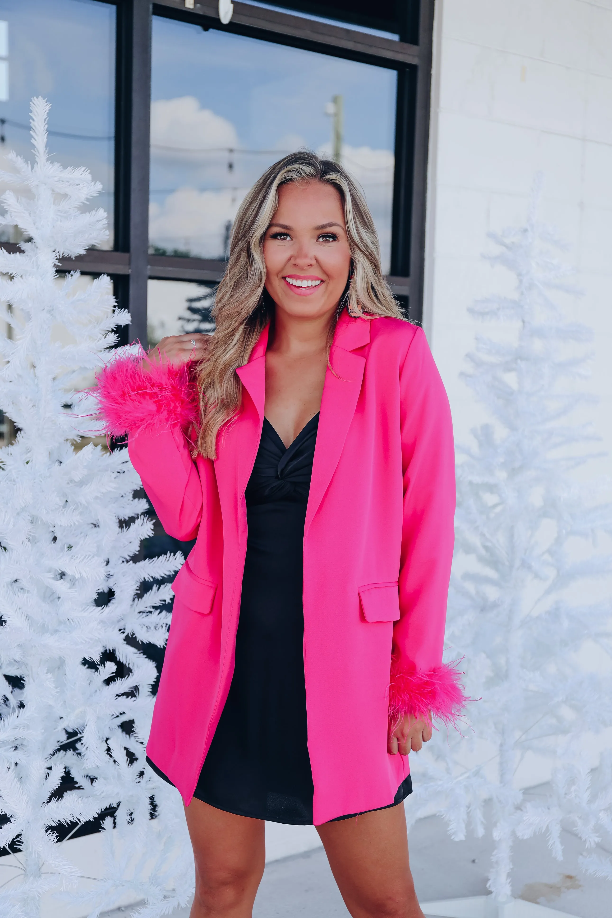 Manette Fluffy Feather Cuff Blazer - Pink