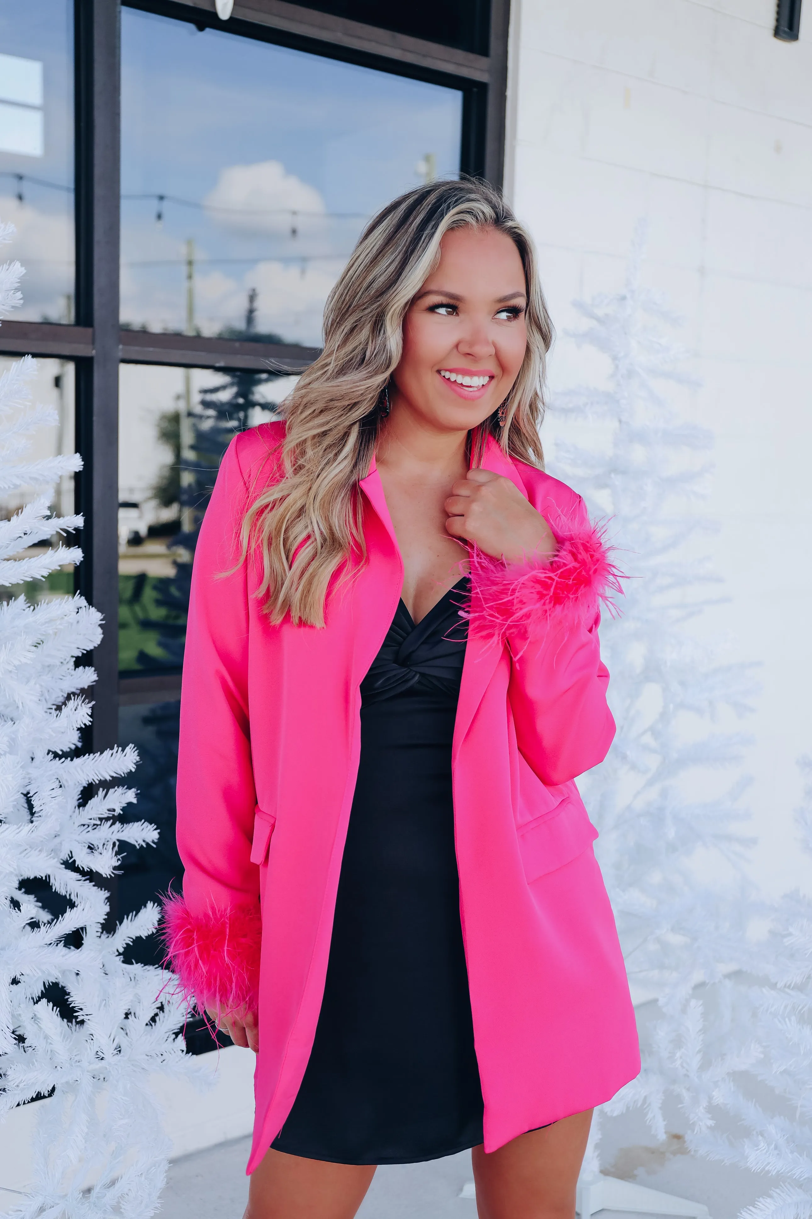 Manette Fluffy Feather Cuff Blazer - Pink