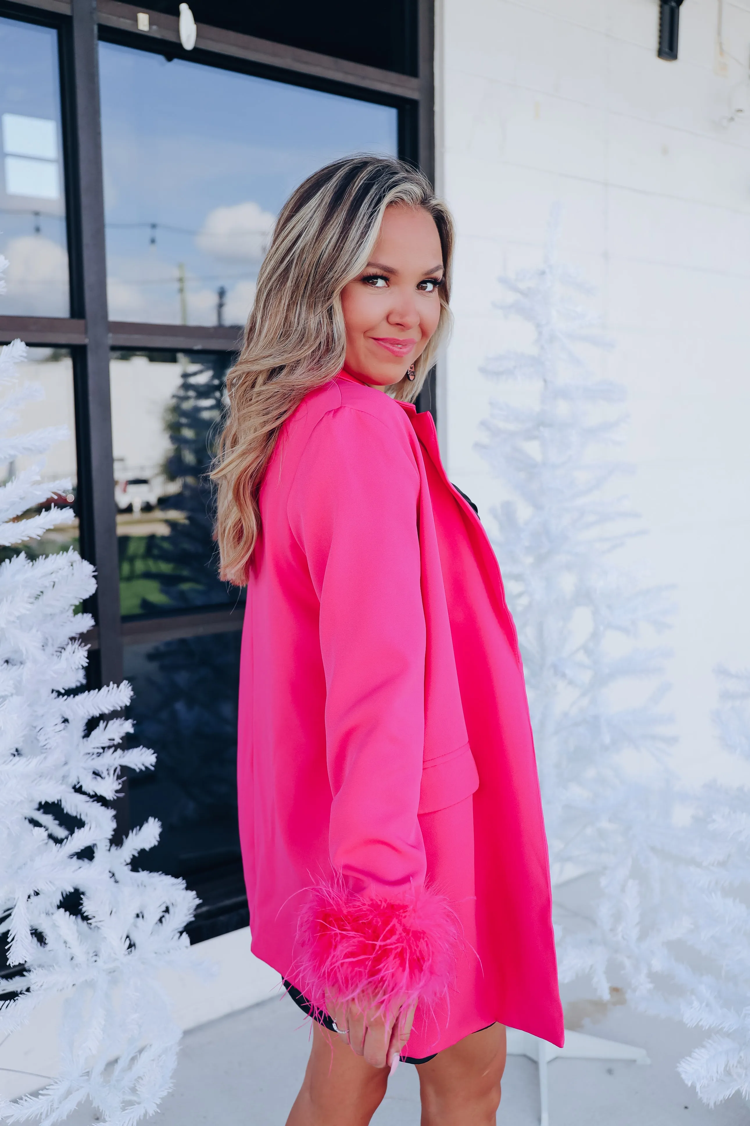 Manette Fluffy Feather Cuff Blazer - Pink