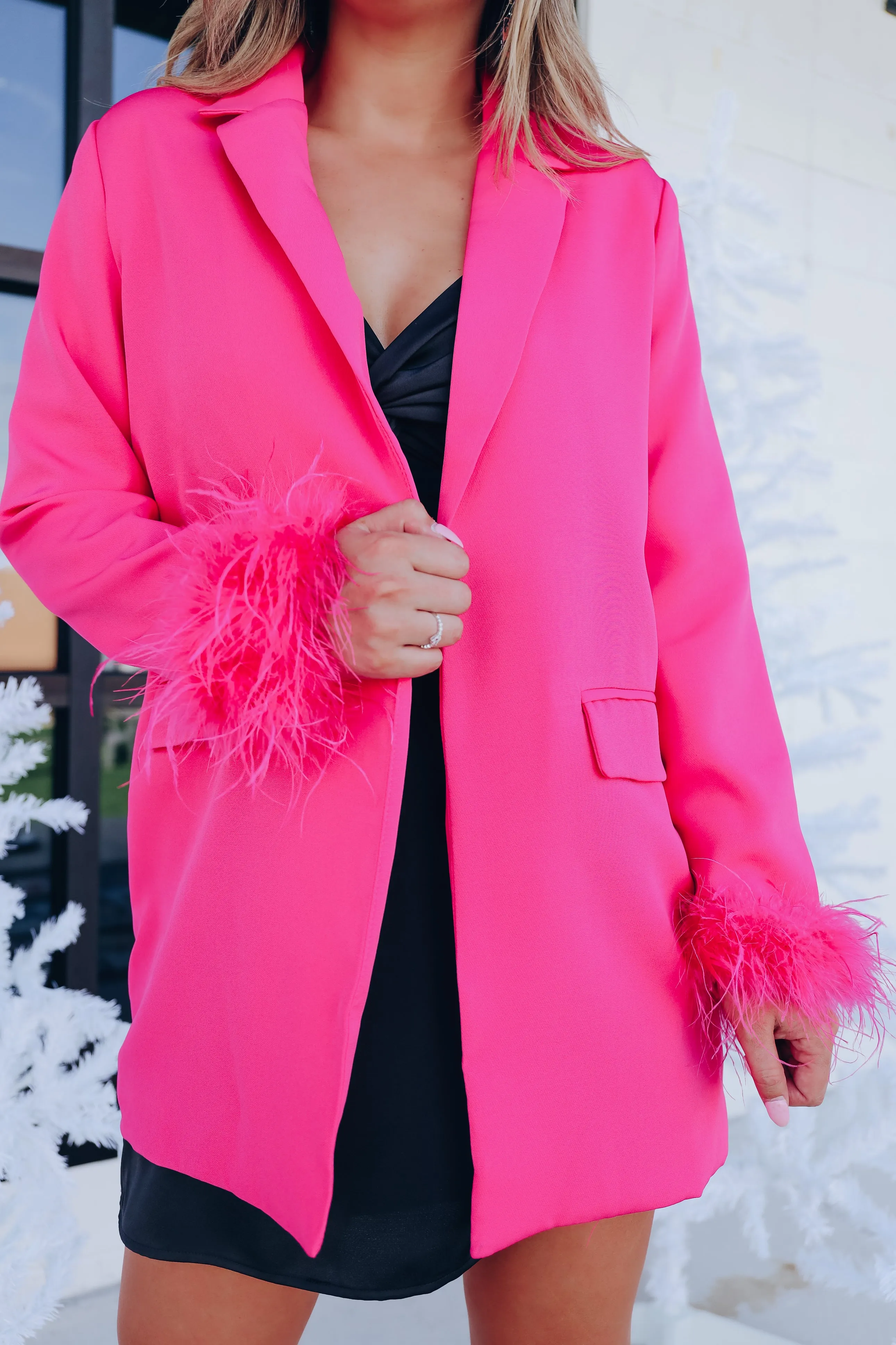 Manette Fluffy Feather Cuff Blazer - Pink