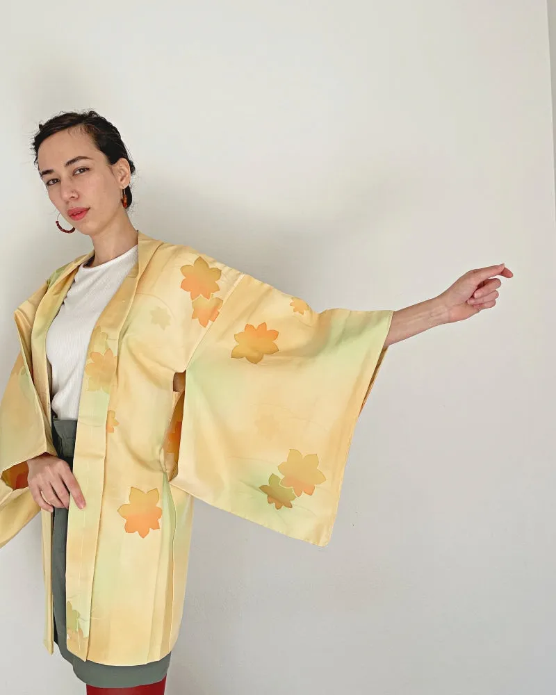 Maple Leaves on Soft Yellow Gold Haori Kimono Jacket