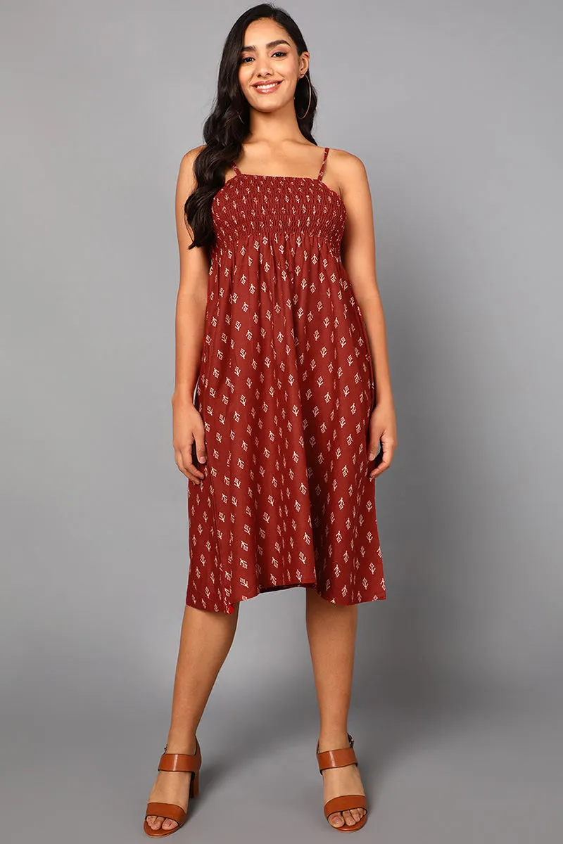 Maroon Cotton Abstract Print Midi Dress