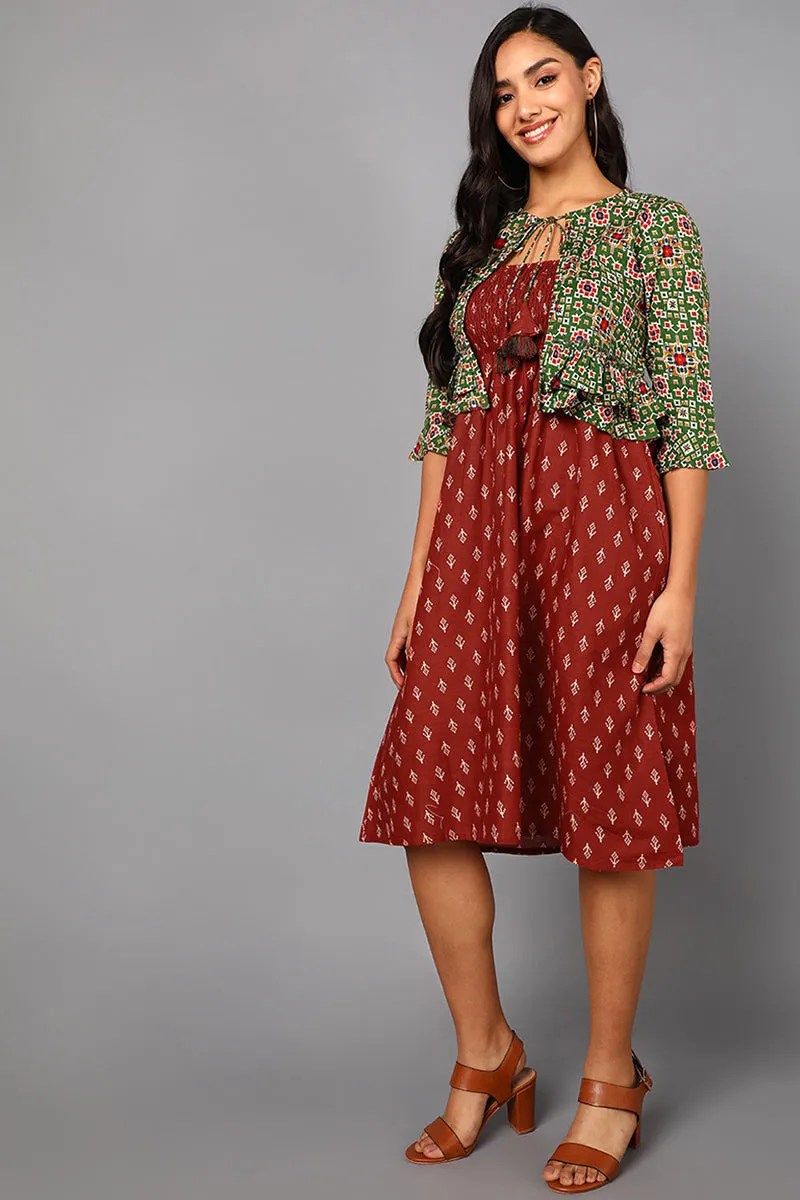 Maroon Cotton Abstract Print Midi Dress