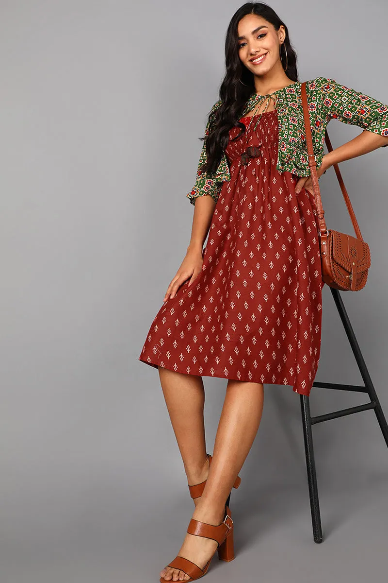 Maroon Cotton Abstract Print Midi Dress