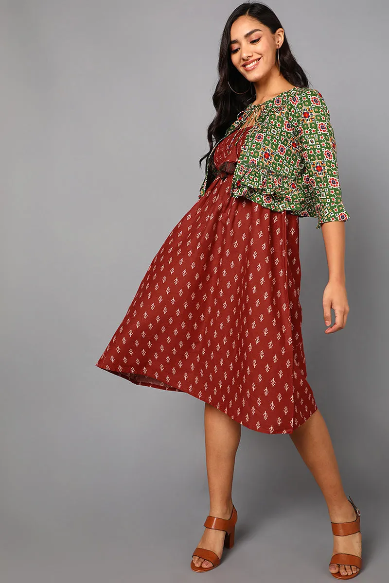 Maroon Cotton Abstract Print Midi Dress