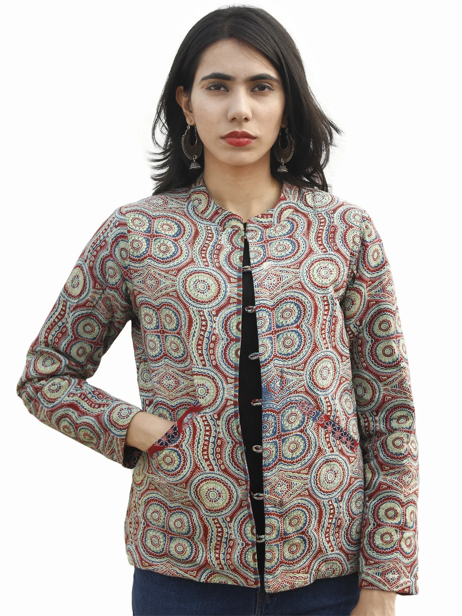 Maroon Green Indigo Ivory Hand Block Printed Reversible Quilted Jacket with Stand Collar - J04F681