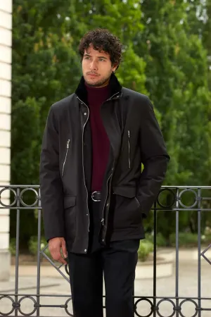 Mens black coat with fur collar