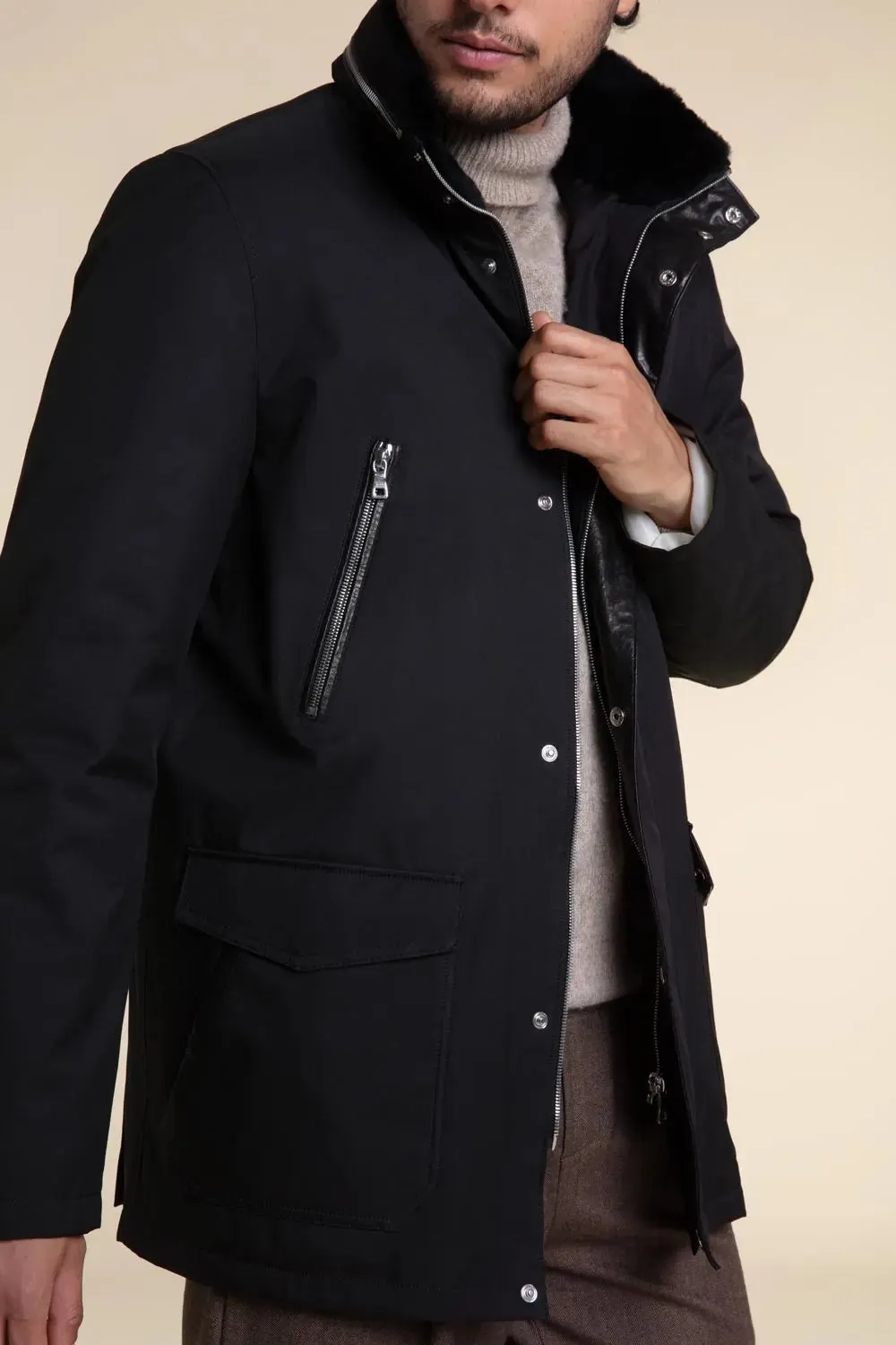 Mens black coat with fur collar