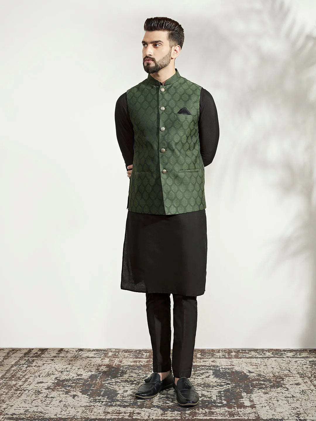 Men's Olive Kurta Jacket Trouser Set