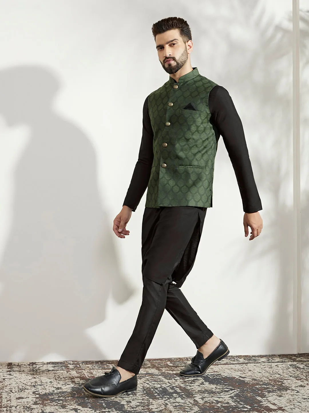 Men's Olive Kurta Jacket Trouser Set