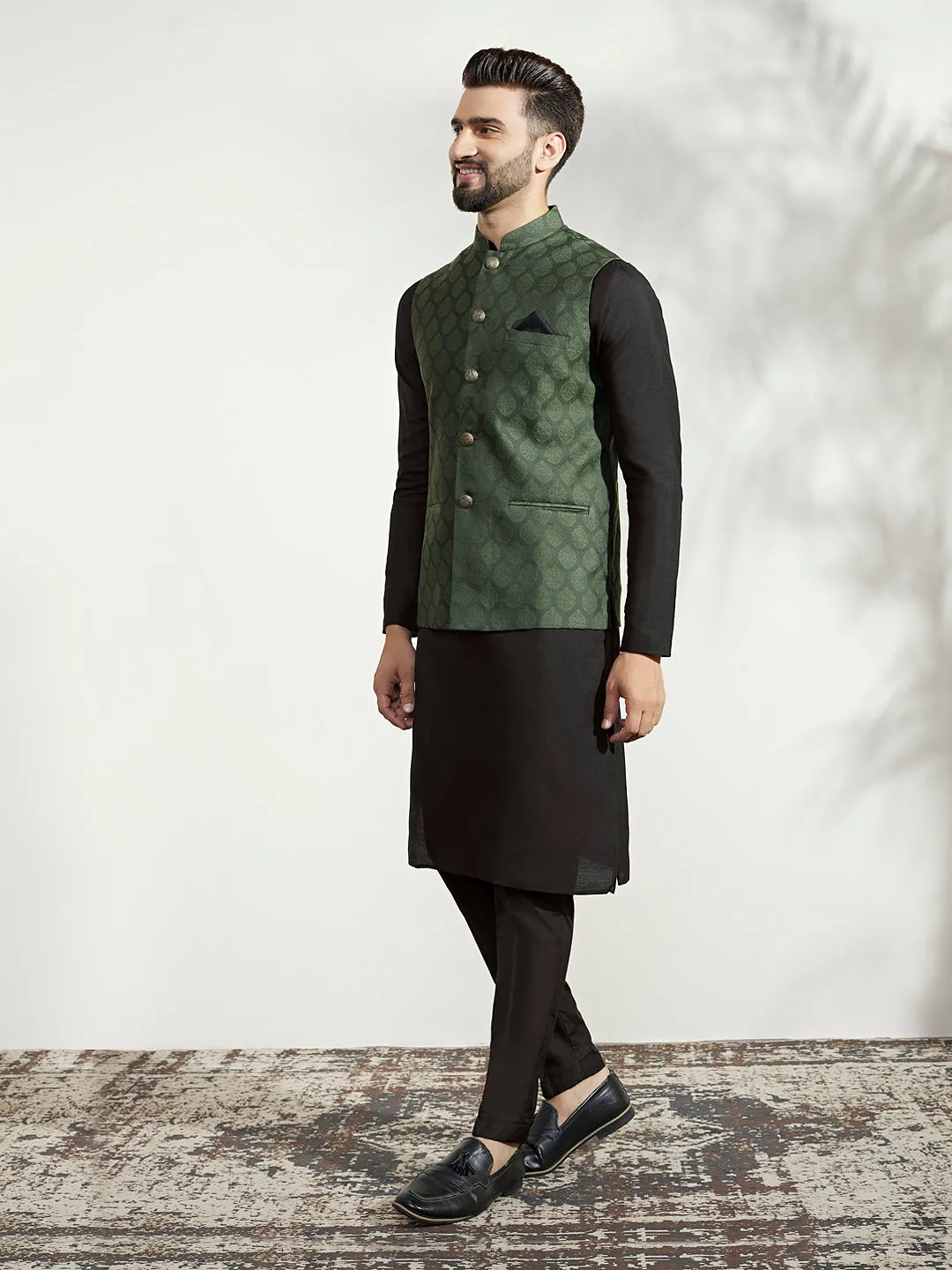 Men's Olive Kurta Jacket Trouser Set