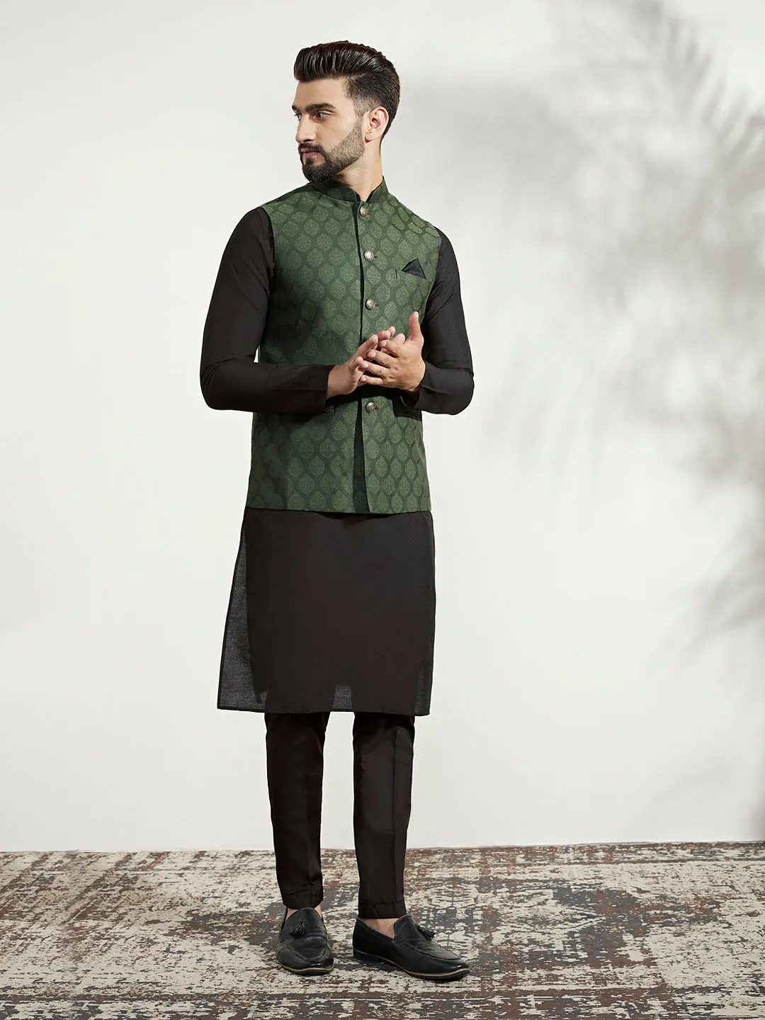 Men's Olive Kurta Jacket Trouser Set