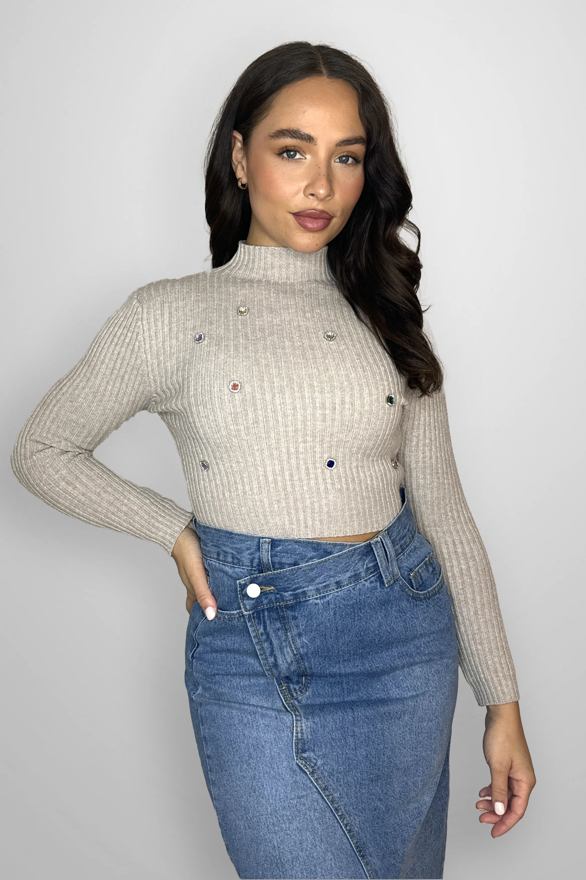 Mock Neck Ribbed Viscose Blend Knit Embellished Cropped Jumper