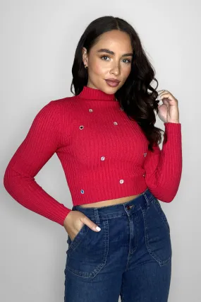 Mock Neck Ribbed Viscose Blend Knit Embellished Cropped Jumper