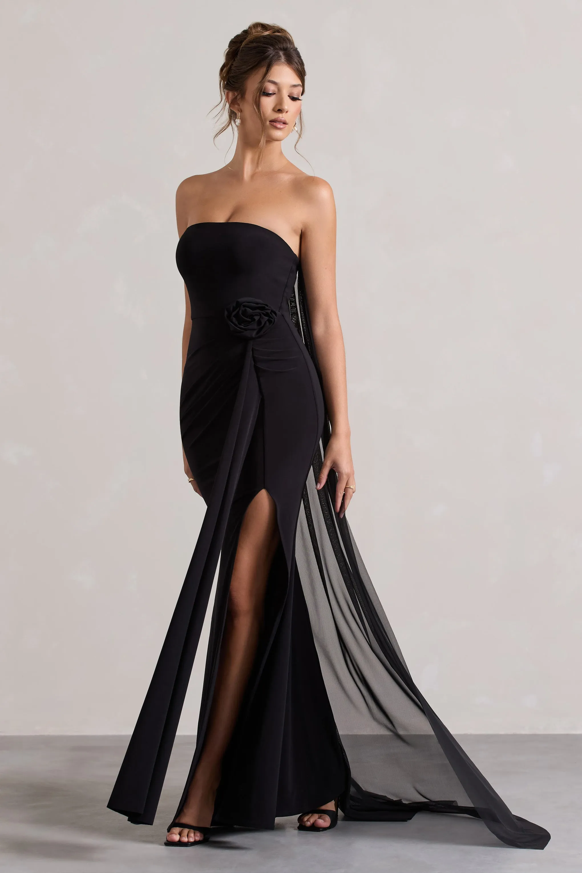 More To Come | Black Strapless Wrap Cape Maxi Dress With Corsage