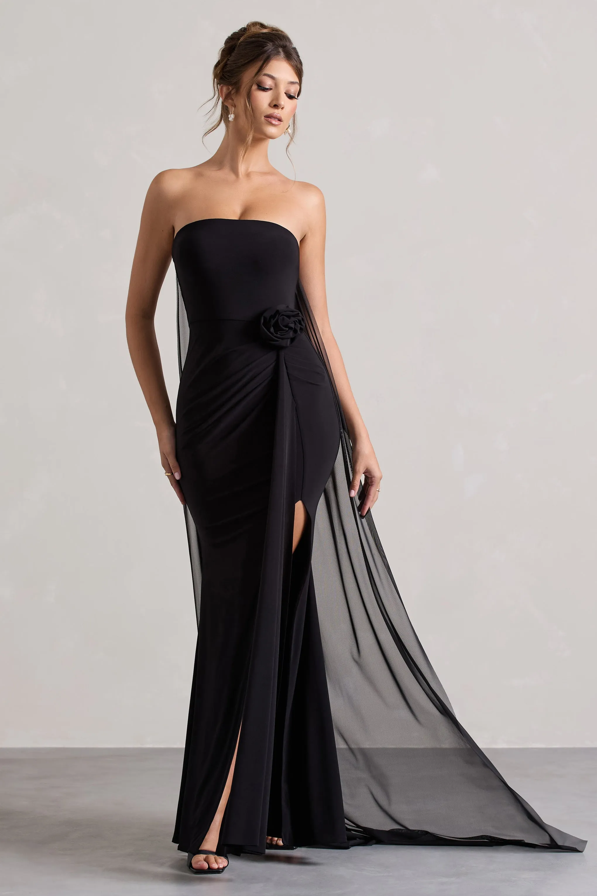 More To Come | Black Strapless Wrap Cape Maxi Dress With Corsage