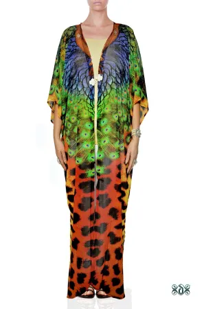 NATURE MORTE Cheetah Peacock Devarshy Long Georgette Kimono Jacket