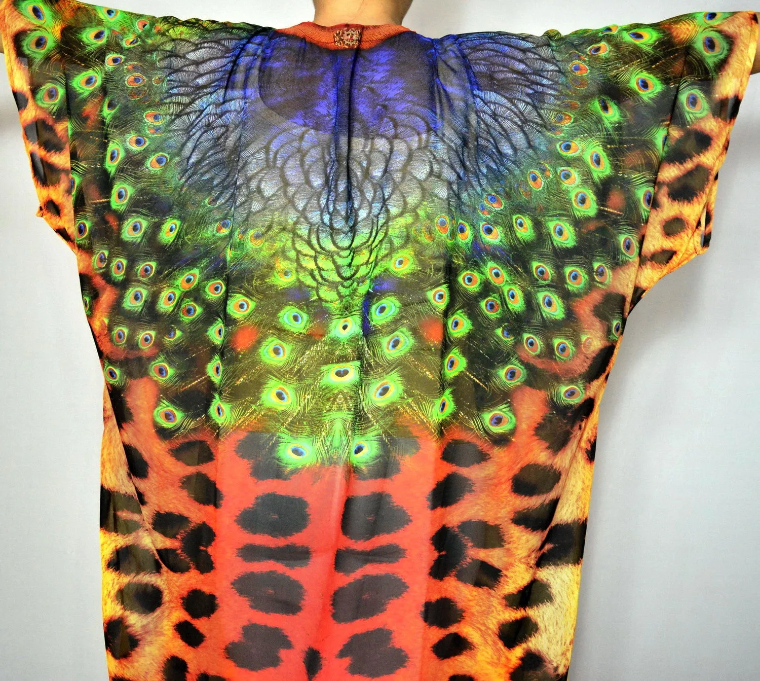 NATURE MORTE Cheetah Peacock Devarshy Long Georgette Kimono Jacket