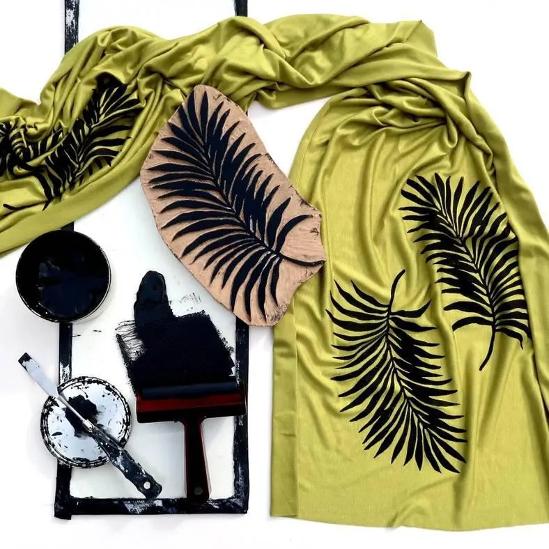 (New) Scarf Wide - Oasis Chartreuse Green Palm Leaf (Black Ink) by Windsparrow Studio