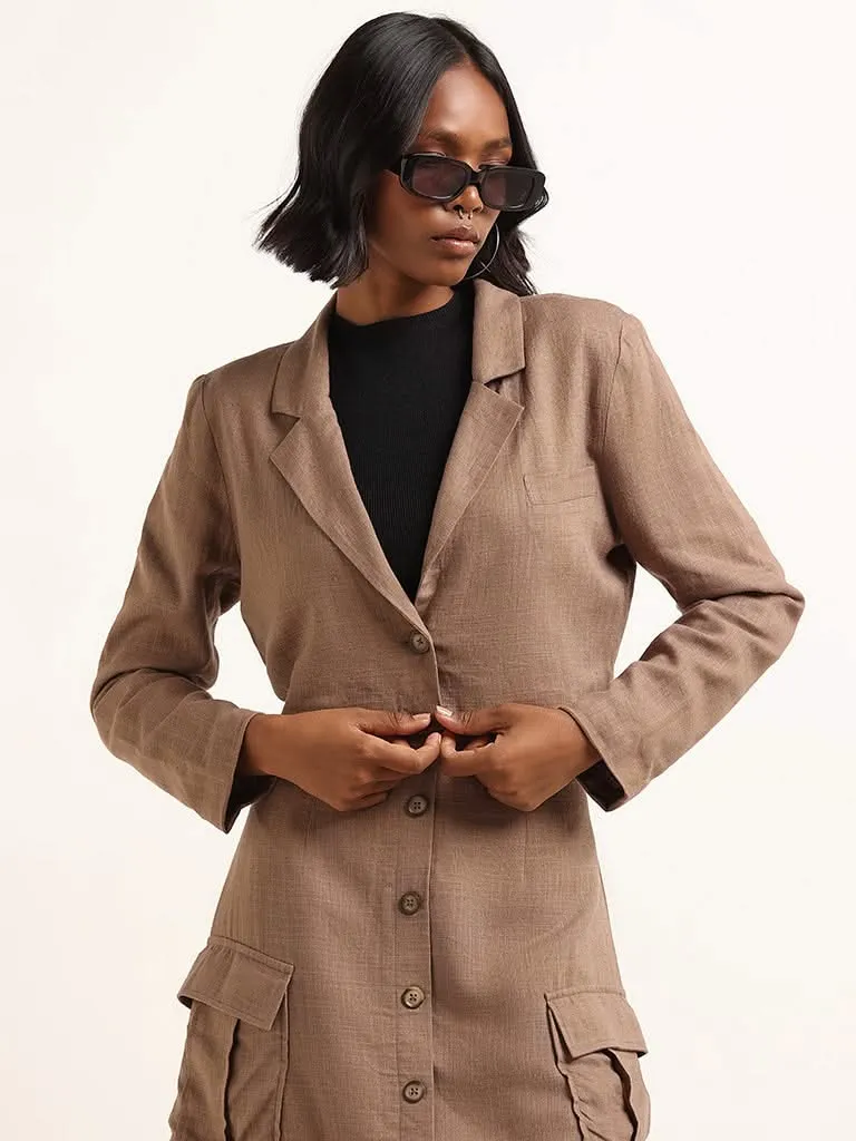 Nuon Brown Blended Linen Cropped Jacket