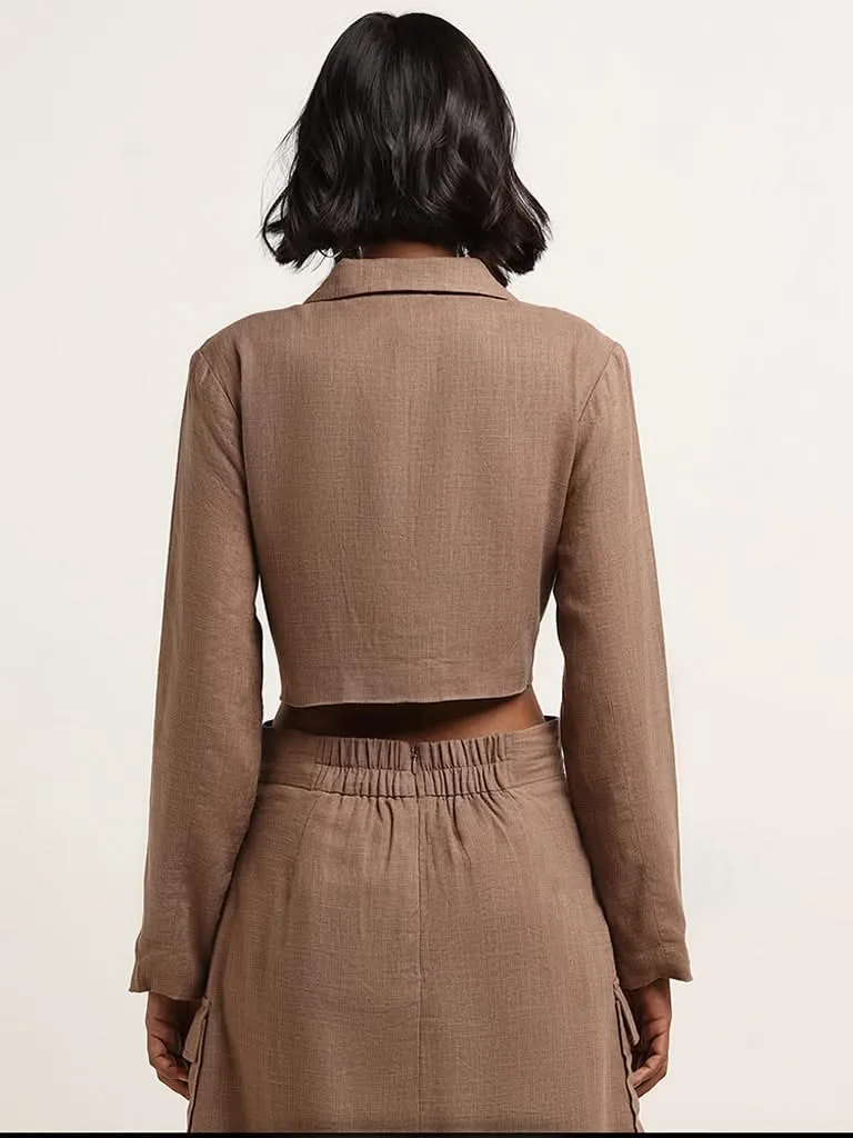 Nuon Brown Blended Linen Cropped Jacket