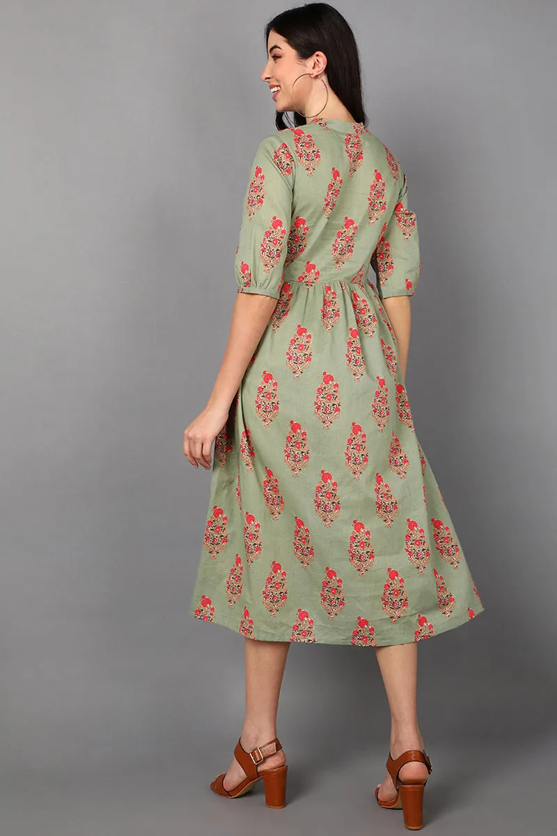 Olive Cotton Ethnic Motifs Midi Dress