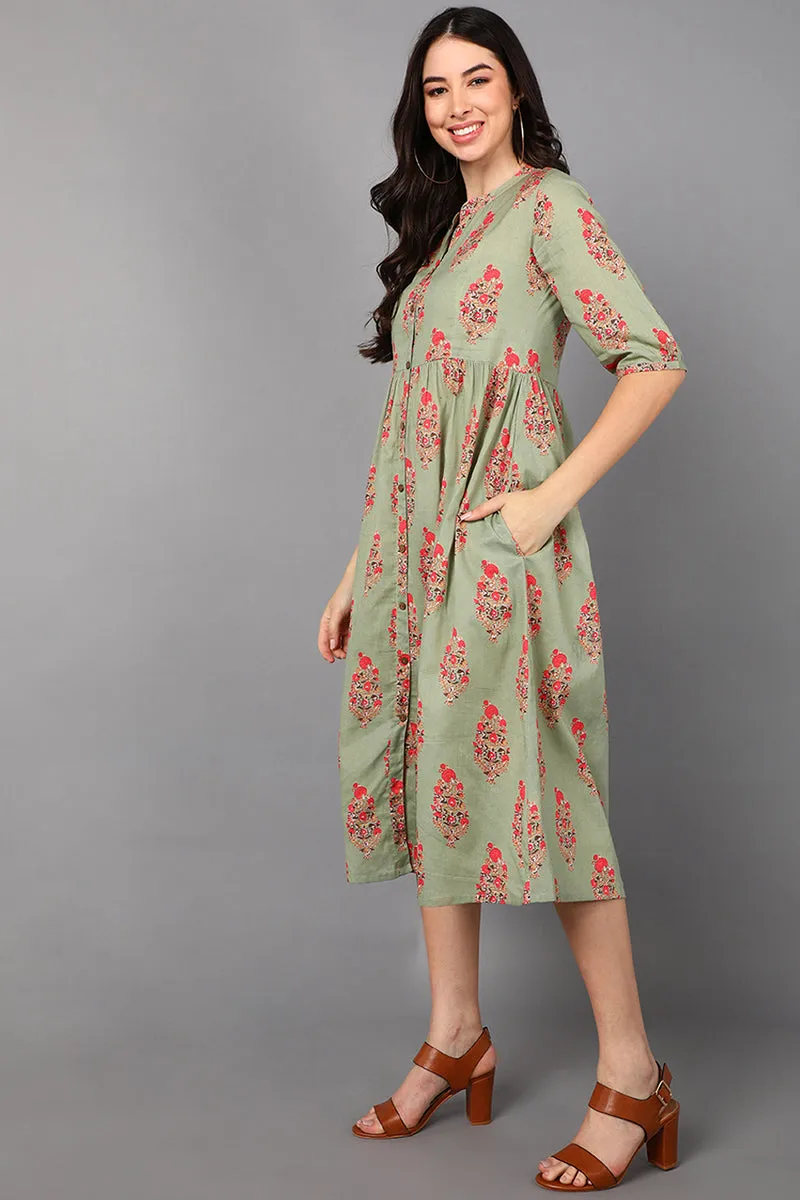 Olive Cotton Ethnic Motifs Midi Dress