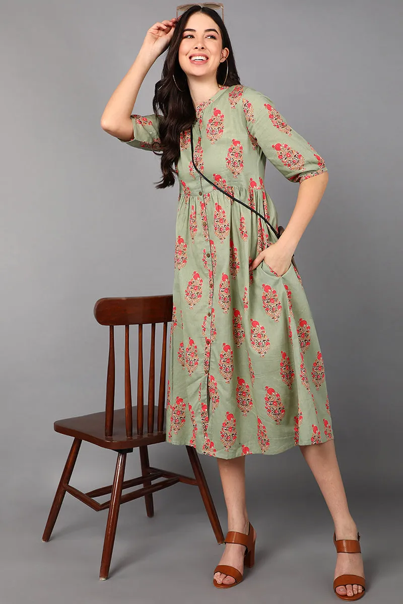 Olive Cotton Ethnic Motifs Midi Dress