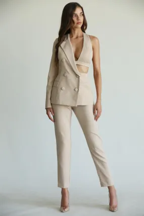 One Shoulder Nude Two Piece Pant Suit Set