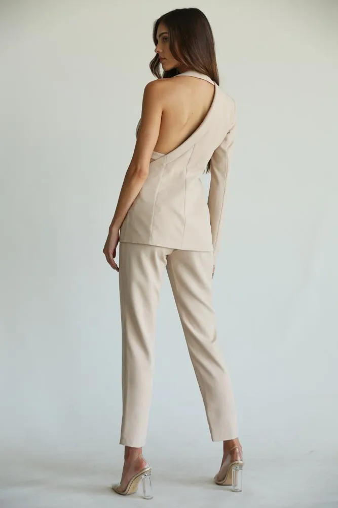 One Shoulder Nude Two Piece Pant Suit Set