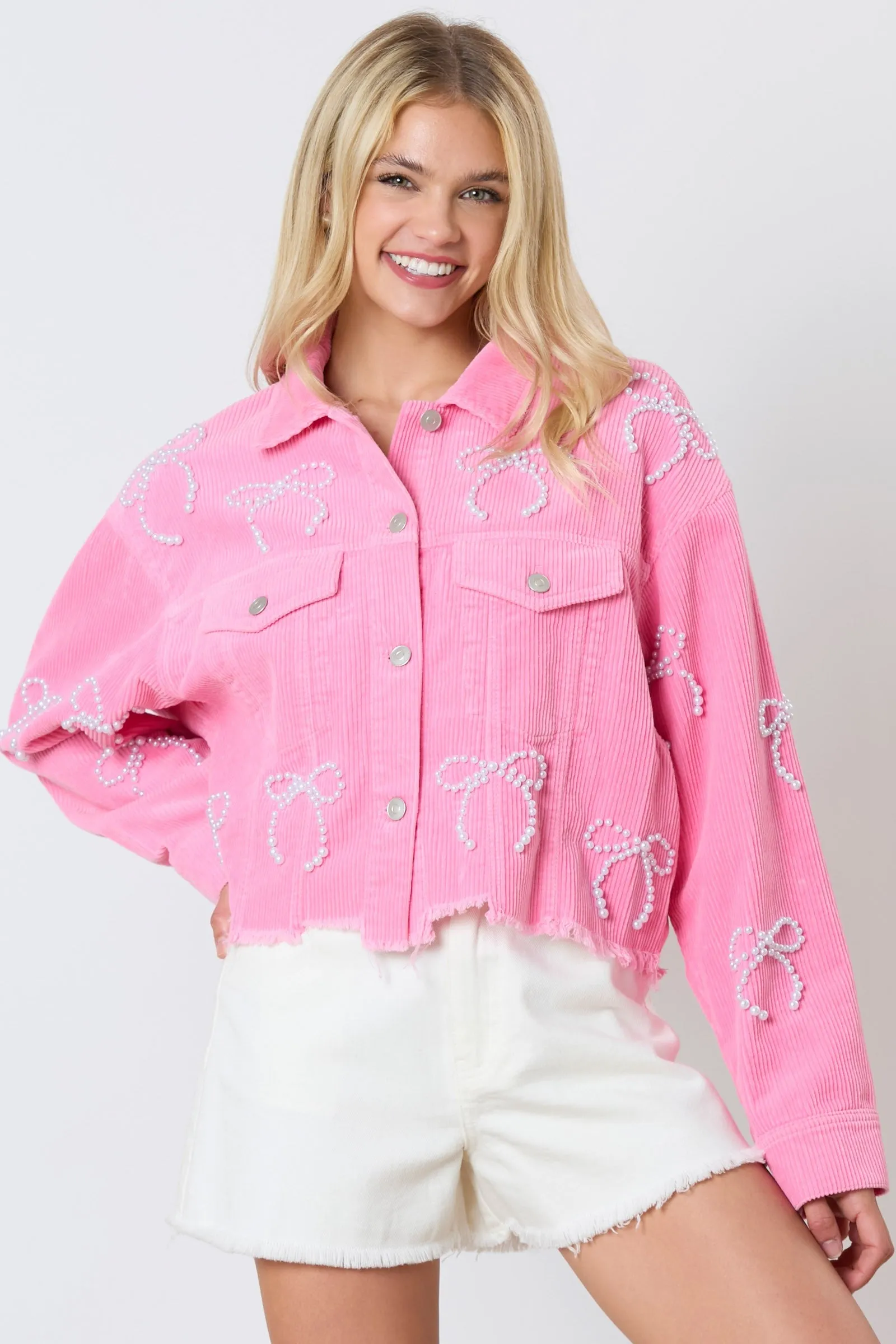 Peach Love CROPPED Corduroy Jacket with Pearl Bows in Candy Pink