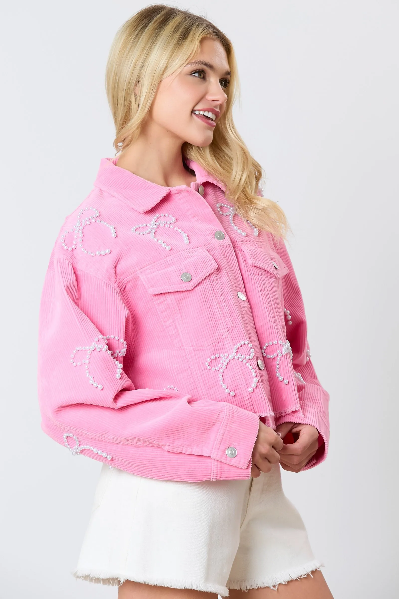 Peach Love CROPPED Corduroy Jacket with Pearl Bows in Candy Pink