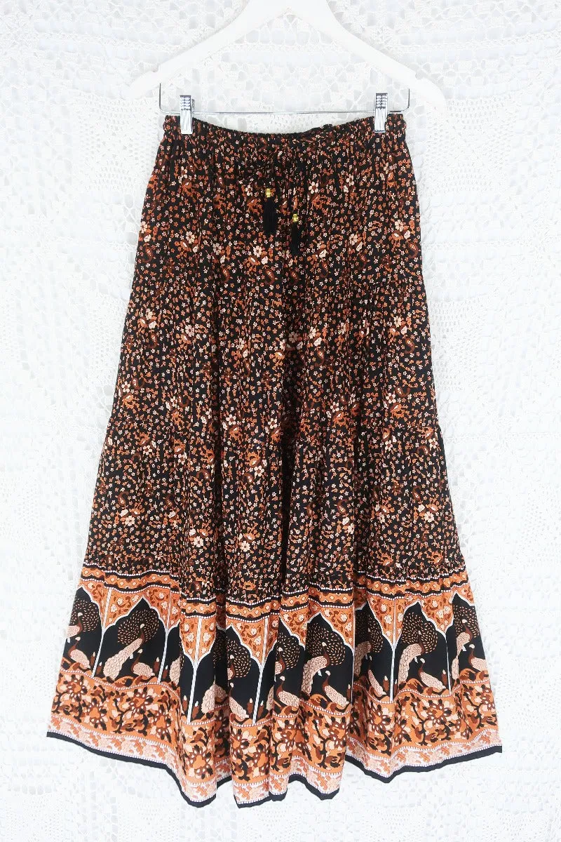 Peacock Prairie Skirt in Jet Black & Terracotta - Free Size