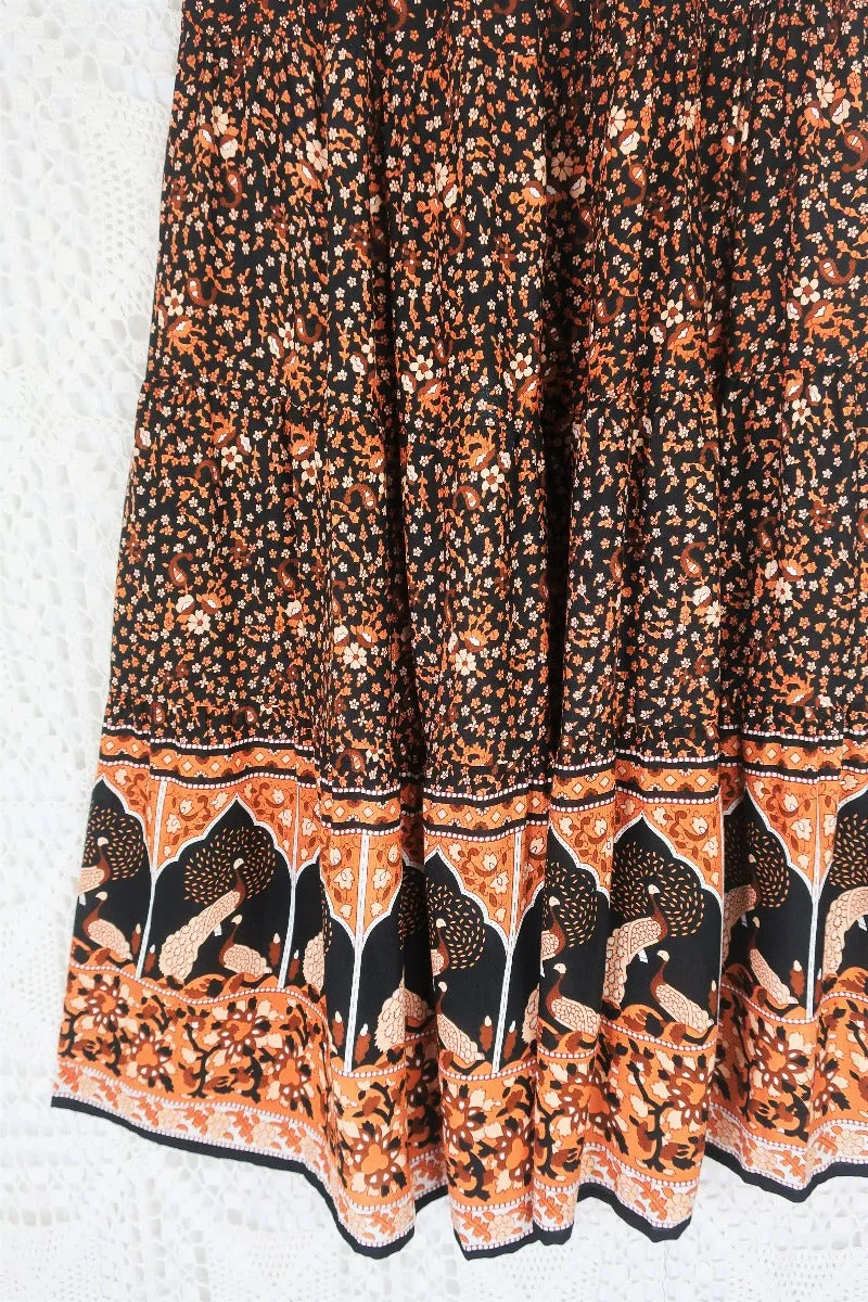 Peacock Prairie Skirt in Jet Black & Terracotta - Free Size